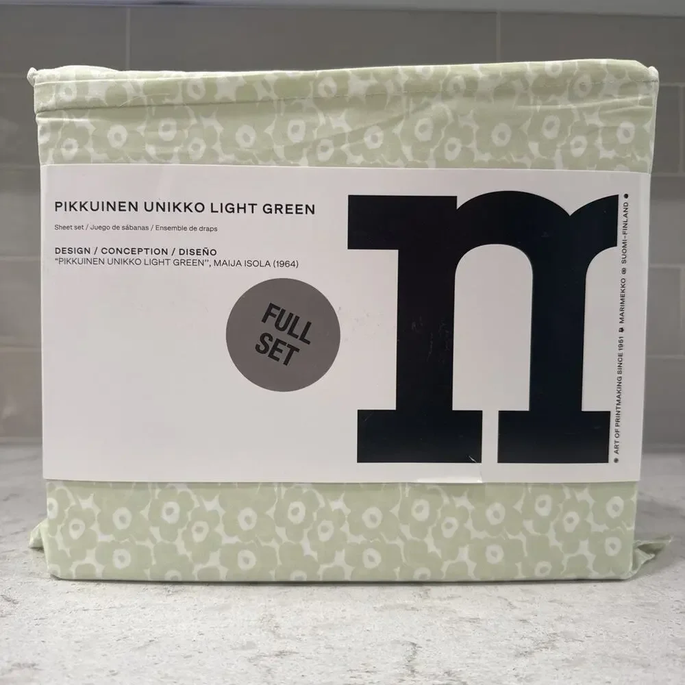 Marimekko PIKKUINEN UNIKKO GREEN 100% Cotton 4 pc Full Sheet Set New
